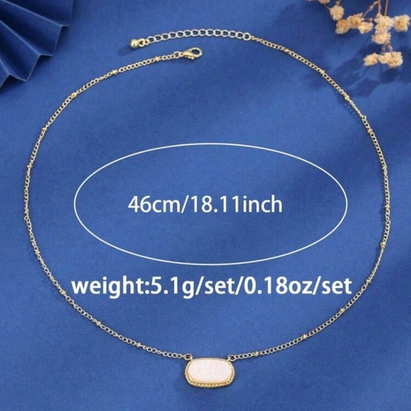 Gold Chain Necklace Oval Pendant   Druzy Stone  Available In‎ White Color - Picture 3 of 3